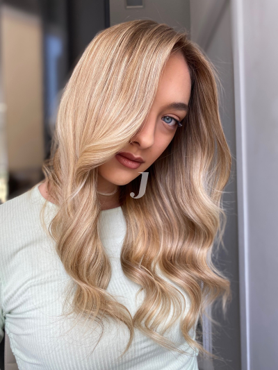 Foto di donna con capelli lunghi biondo platino dorato